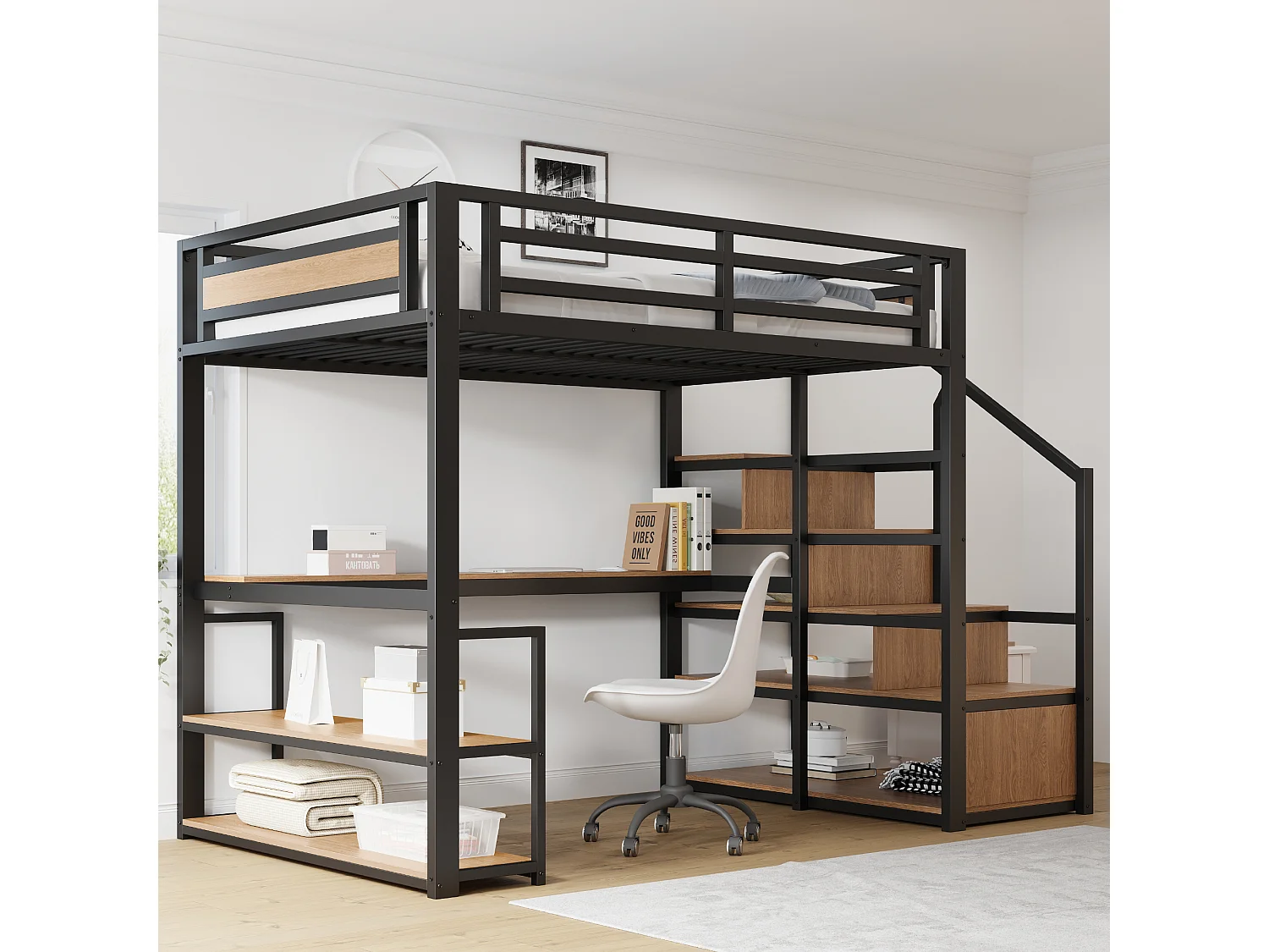 Lit mezzanine - 140 x 200 cm - avec échelle de rangement + étagères + table - en métal- noir