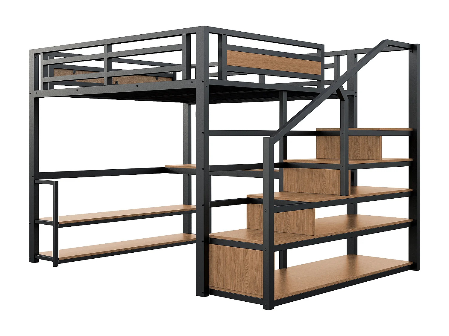 Lit mezzanine - 140 x 200 cm - avec échelle de rangement + étagères + table - en métal- noir