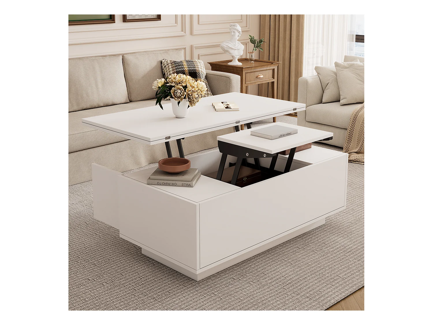 Table basse relevable multifonction avec rangement caché, Blanc pur, structure en MDF