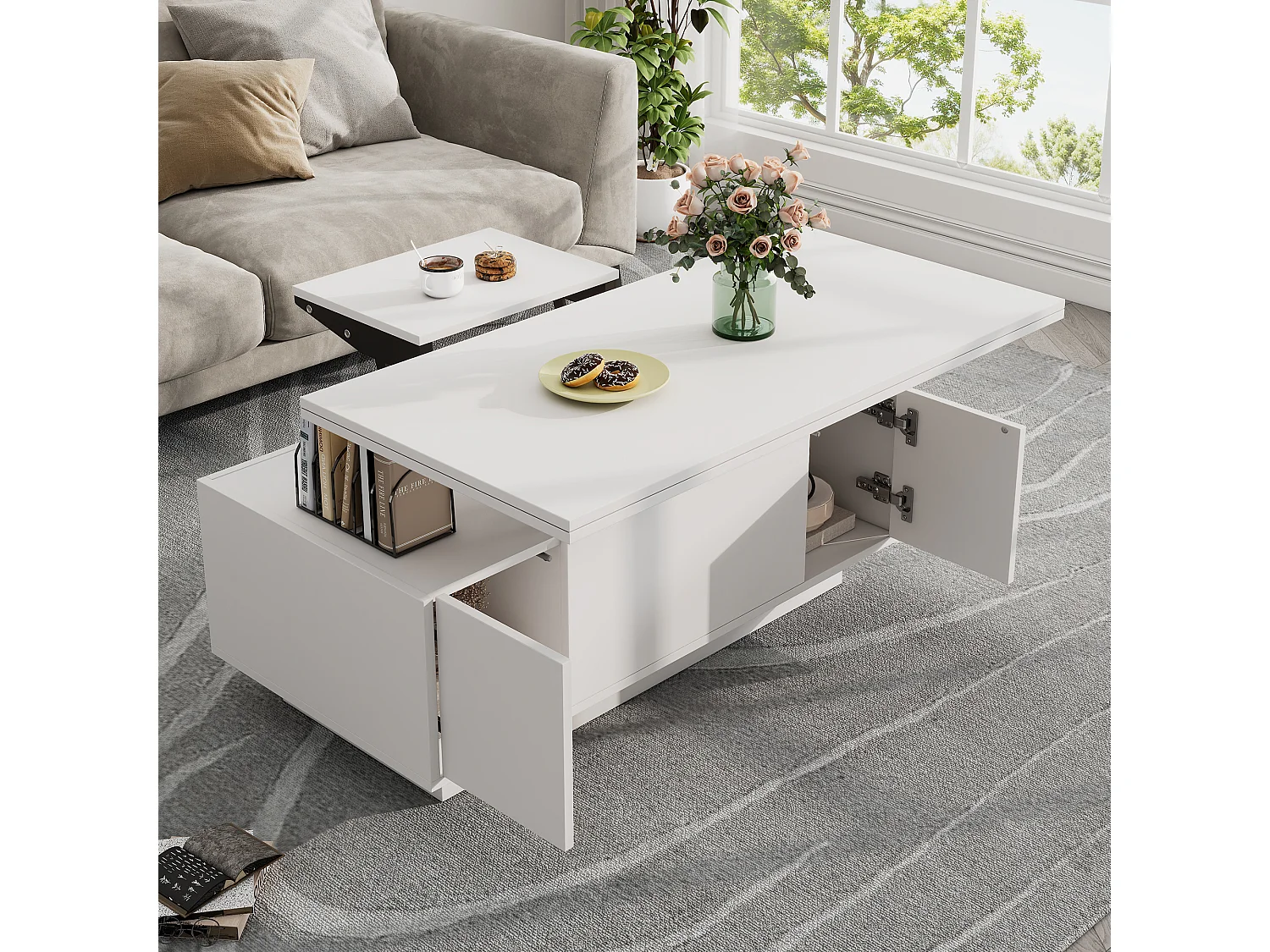 Table basse relevable multifonction avec rangement caché, Blanc pur, structure en MDF