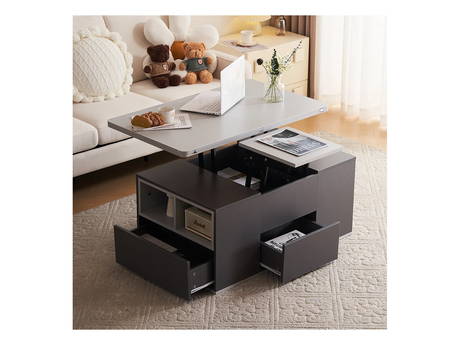 Table basse avec plateau relevable en Panneau de particule et Rangement spacieux - gris