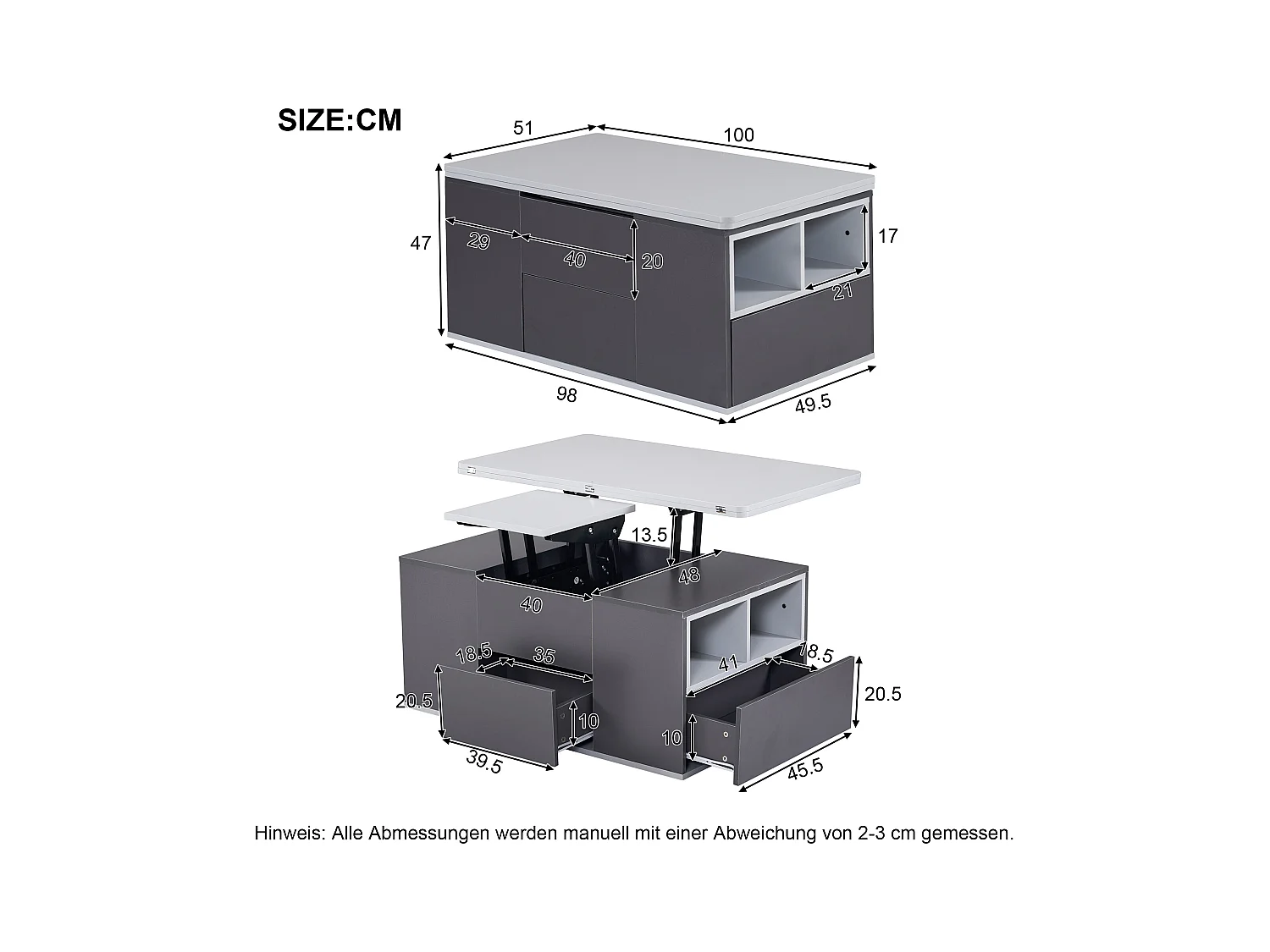 Table basse avec plateau relevable en Panneau de particule et Rangement spacieux - gris
