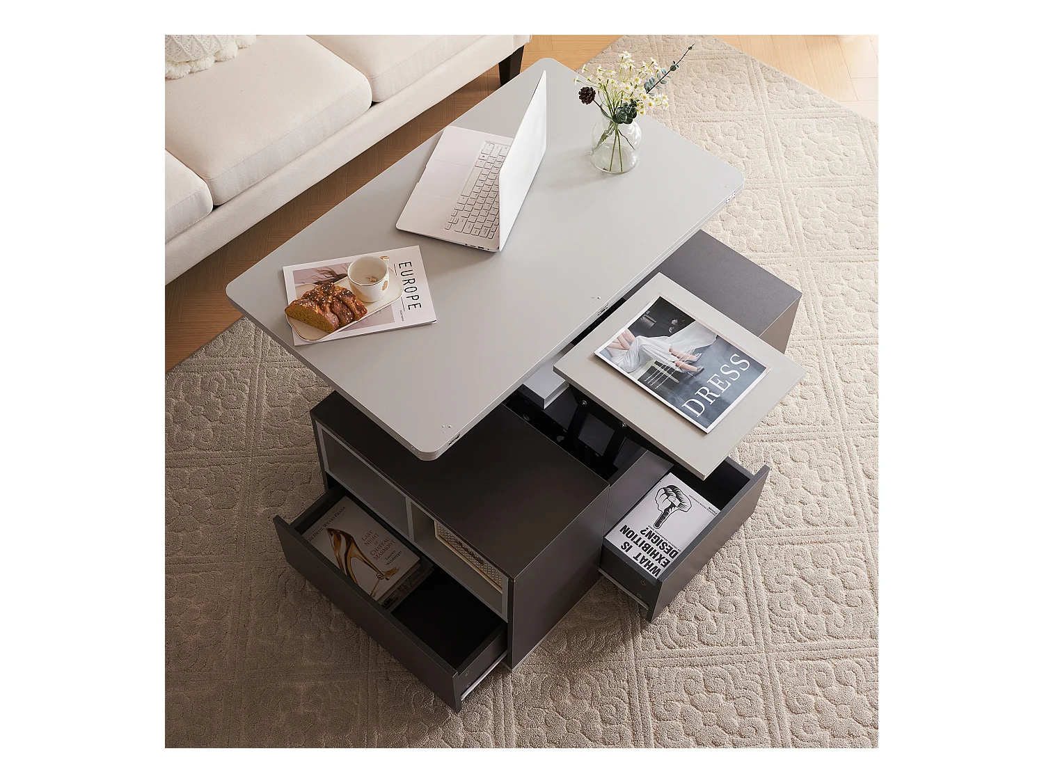 Table basse avec plateau relevable en Panneau de particule et Rangement spacieux - gris