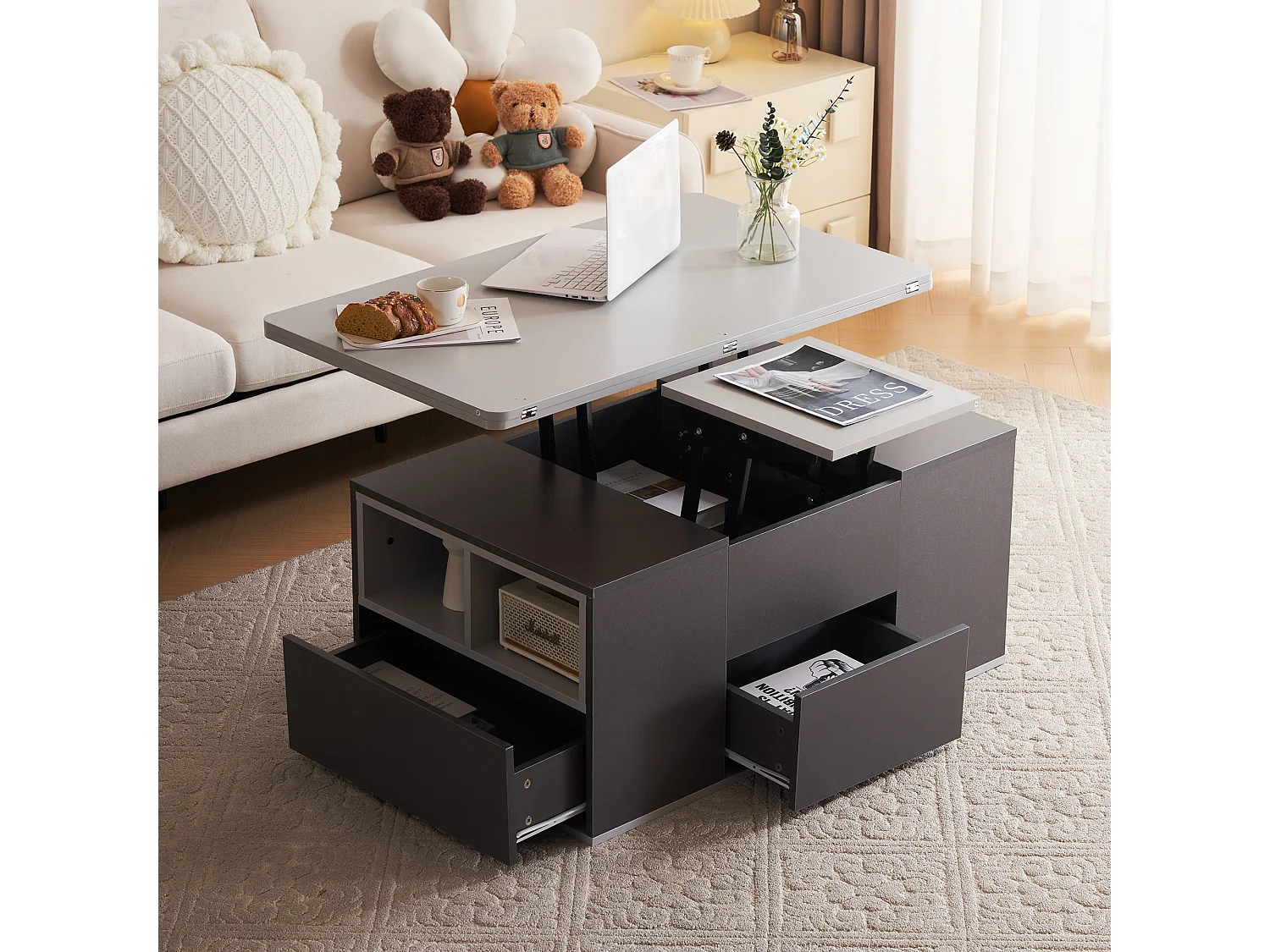 Table basse avec plateau relevable en Panneau de particule et Rangement spacieux - gris