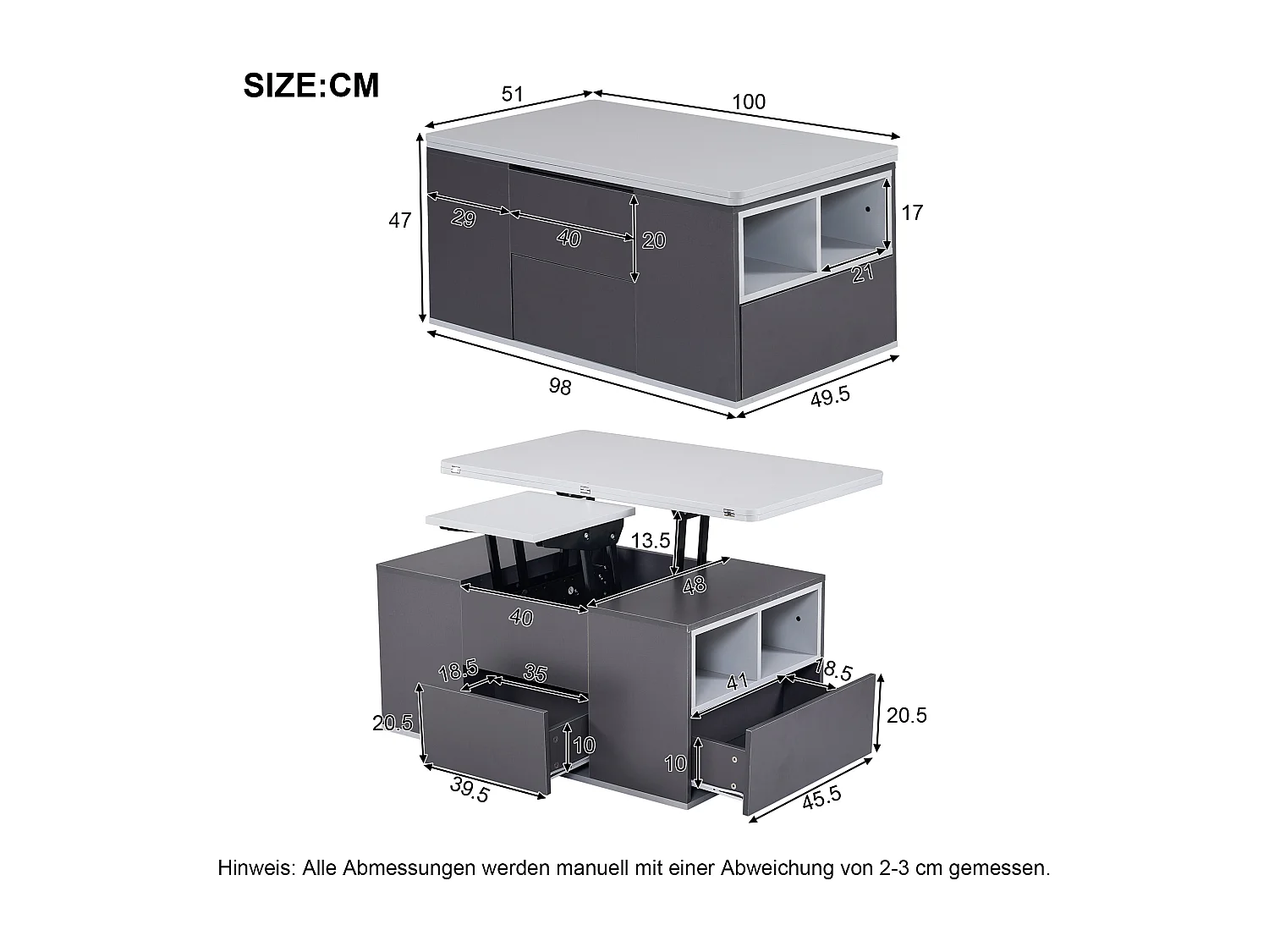 Table basse avec plateau relevable en Panneau de particule et Rangement spacieux - gris