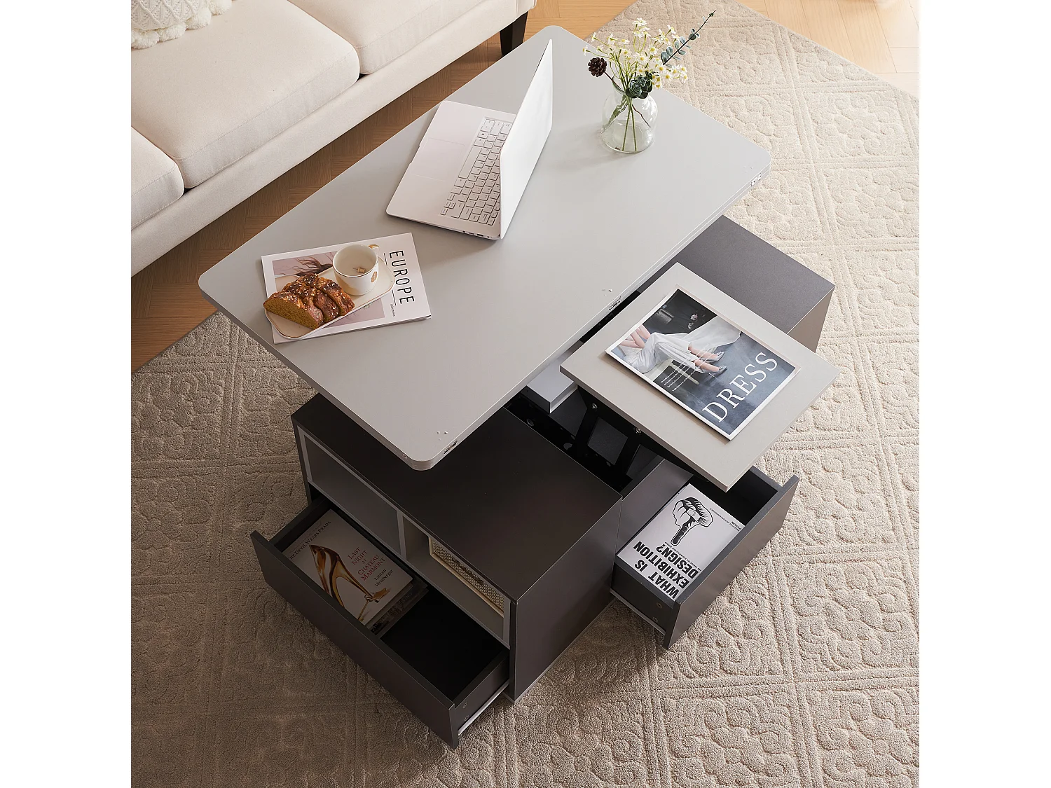 Table basse avec plateau relevable en Panneau de particule et Rangement spacieux - gris