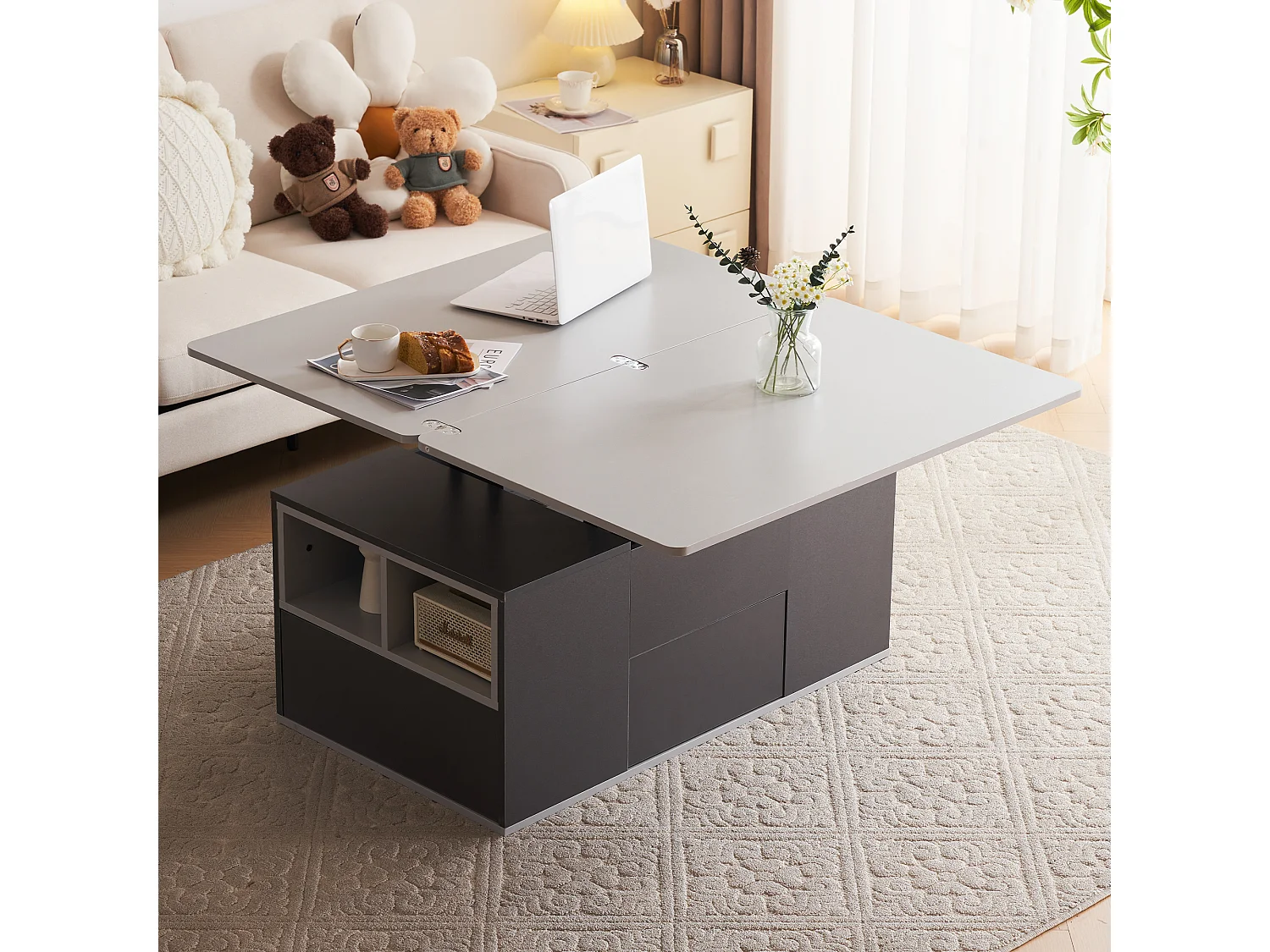Table basse avec plateau relevable en Panneau de particule et Rangement spacieux - gris