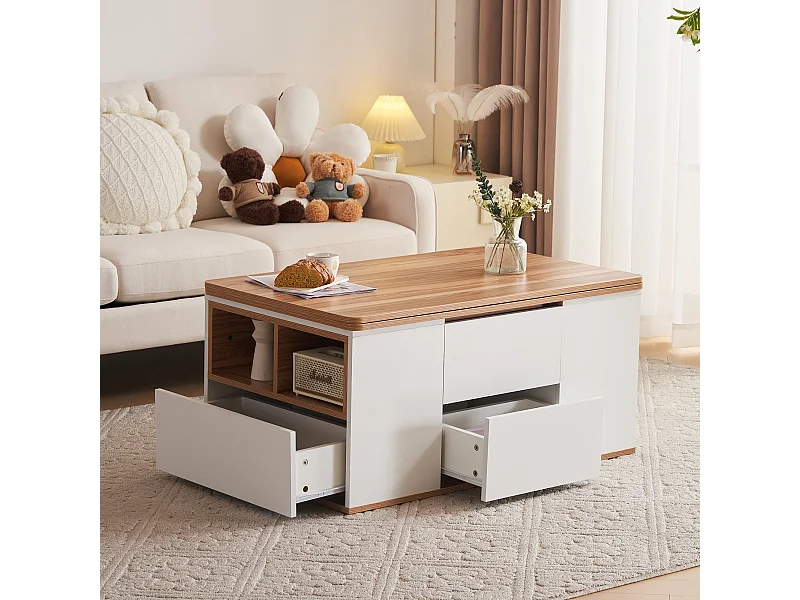 Table basse avec plateau relevable en Panneau de particule et Rangement spacieux - blanc et naturel