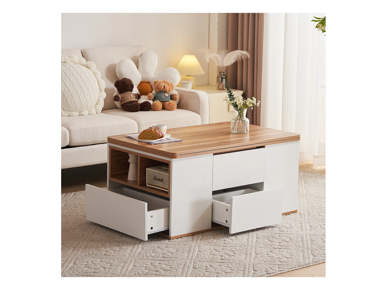 Mesa de centro con tablero de partículas elevable y amplio espacio de almacenamiento - blanco y natural