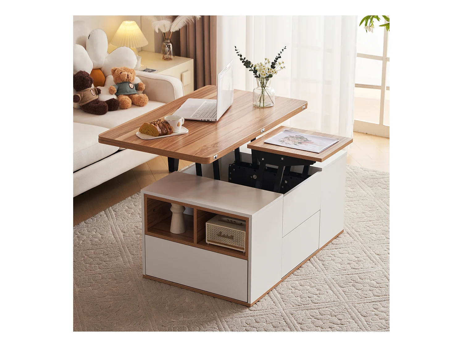 Mesa de centro con tablero de partículas elevable y amplio espacio de almacenamiento - blanco y natural