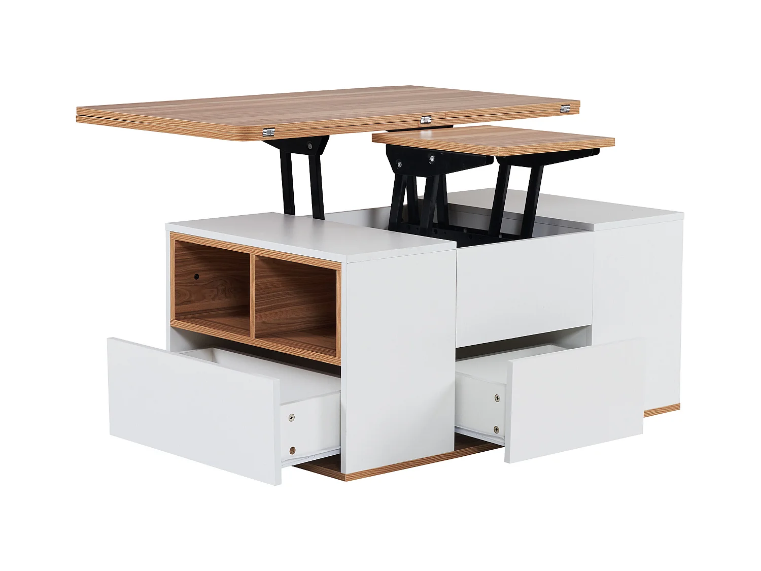 Mesa de centro con tablero de partículas elevable y amplio espacio de almacenamiento - blanco y natural