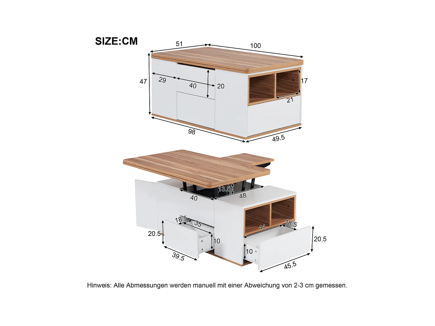 Mesa de centro con tablero de partículas elevable y amplio espacio de almacenamiento - blanco y natural