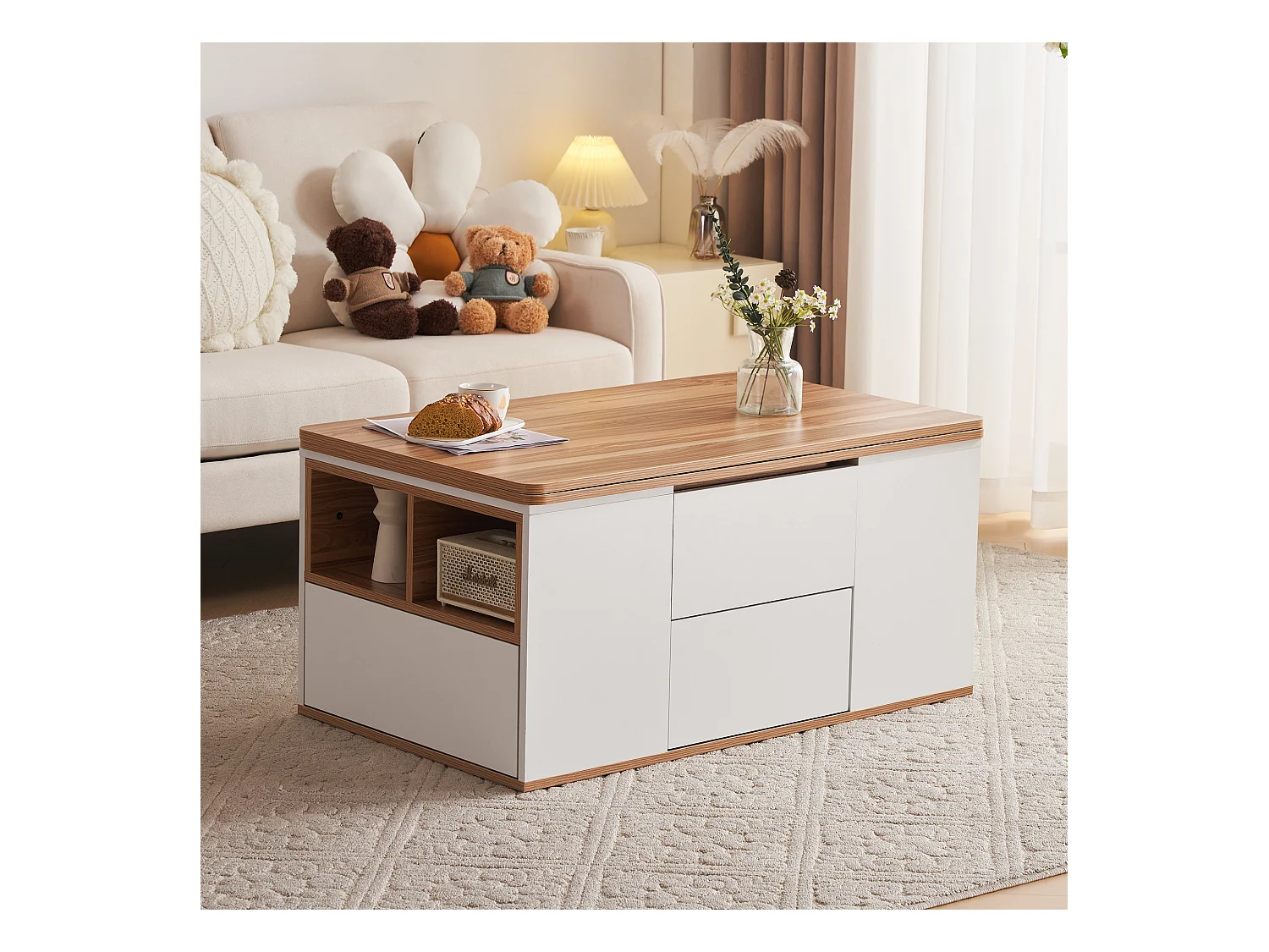 Mesa de centro con tablero de partículas elevable y amplio espacio de almacenamiento - blanco y natural