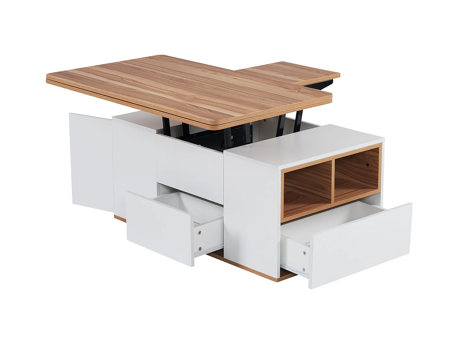 Mesa de centro con tablero de partículas elevable y amplio espacio de almacenamiento - blanco y natural