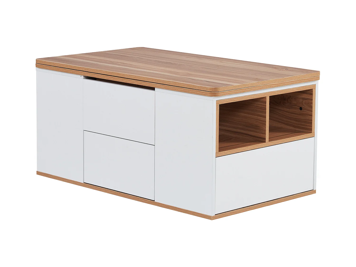 Mesa de centro con tablero de partículas elevable y amplio espacio de almacenamiento - blanco y natural