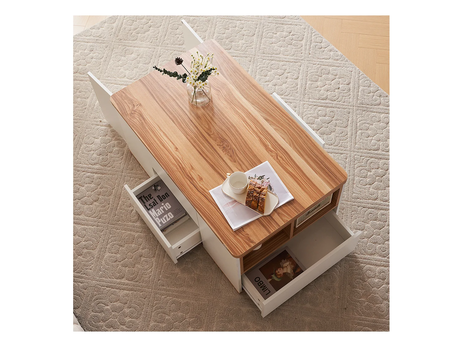 Mesa de centro com tampo elevatório de aglomerado e amplo espaço de arrumação - branca e natural