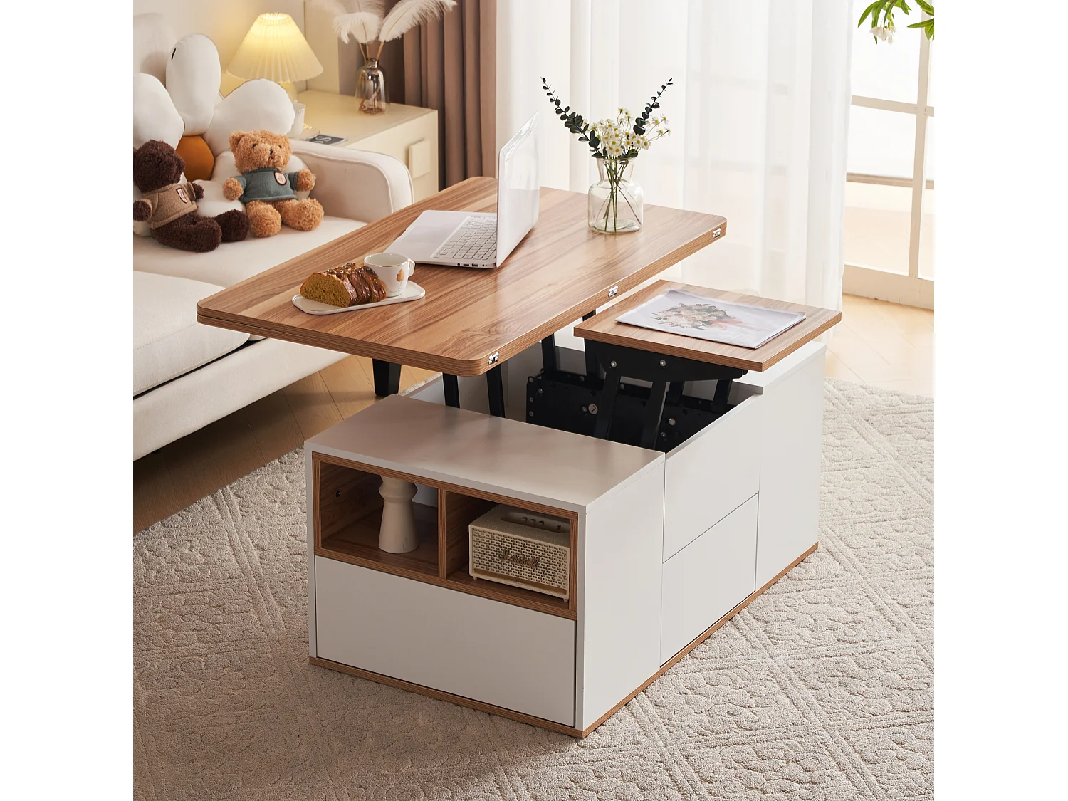 Table basse avec plateau relevable en Panneau de particule et Rangement spacieux - blanc et naturel