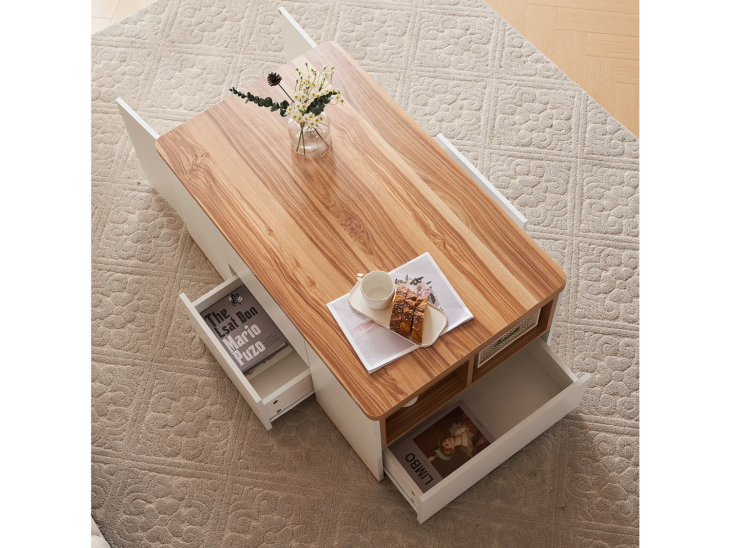 Table basse avec plateau relevable en Panneau de particule et Rangement spacieux - blanc et naturel