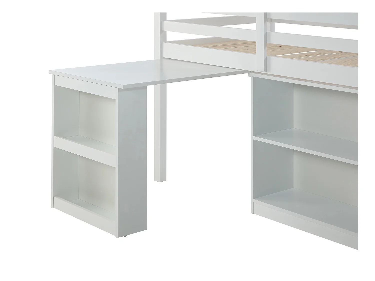 Kombinationsseng 90 x 190 cm med opbevaringsmuligheder og udtrækkelig skrivebord - Fyr og MDF - Hvid + Madras - ABRENO