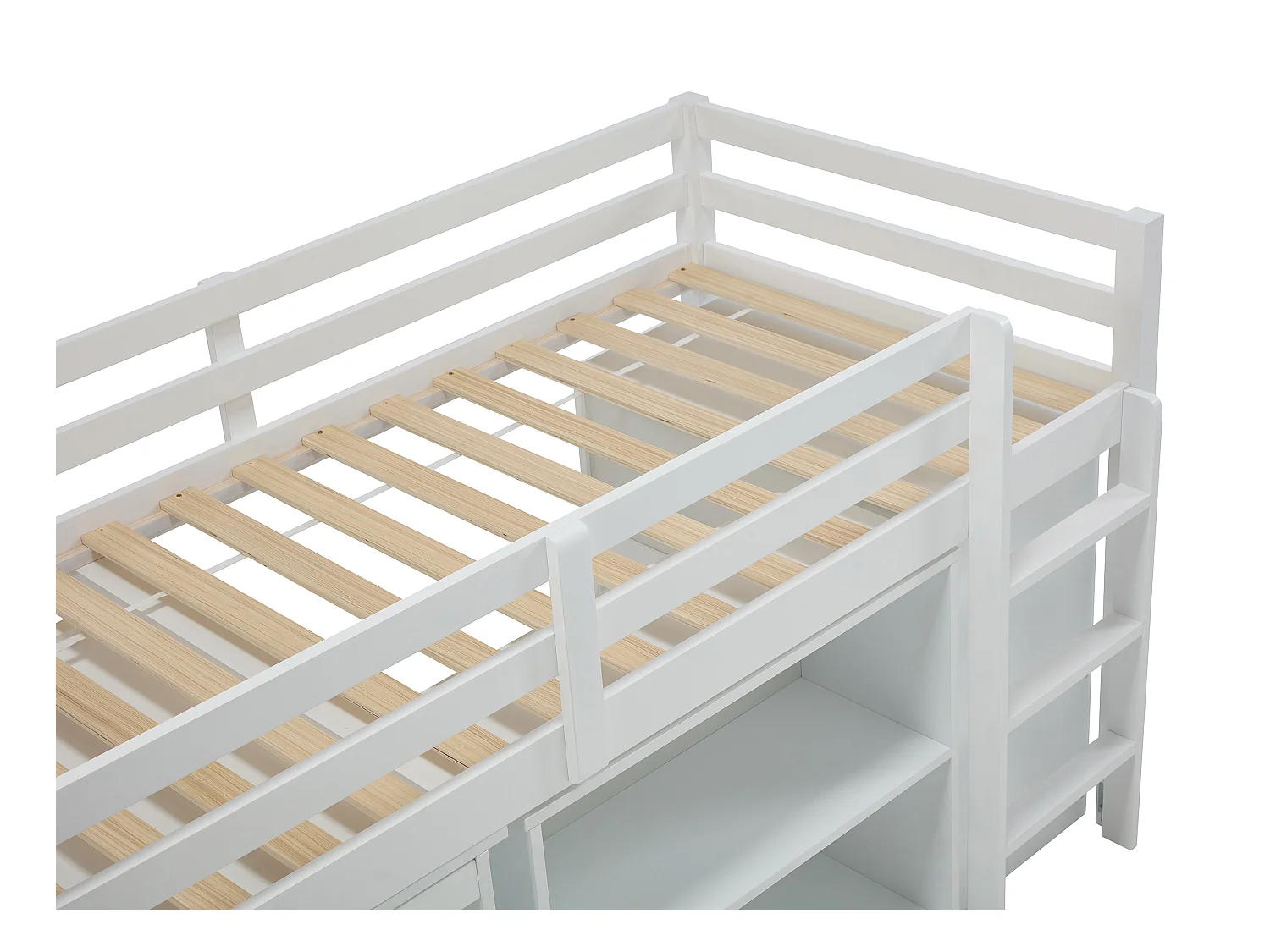 Kombinationsseng 90 x 190 cm med opbevaringsmuligheder og udtrækkelig skrivebord - Fyr og MDF - Hvid + Madras - ABRENO