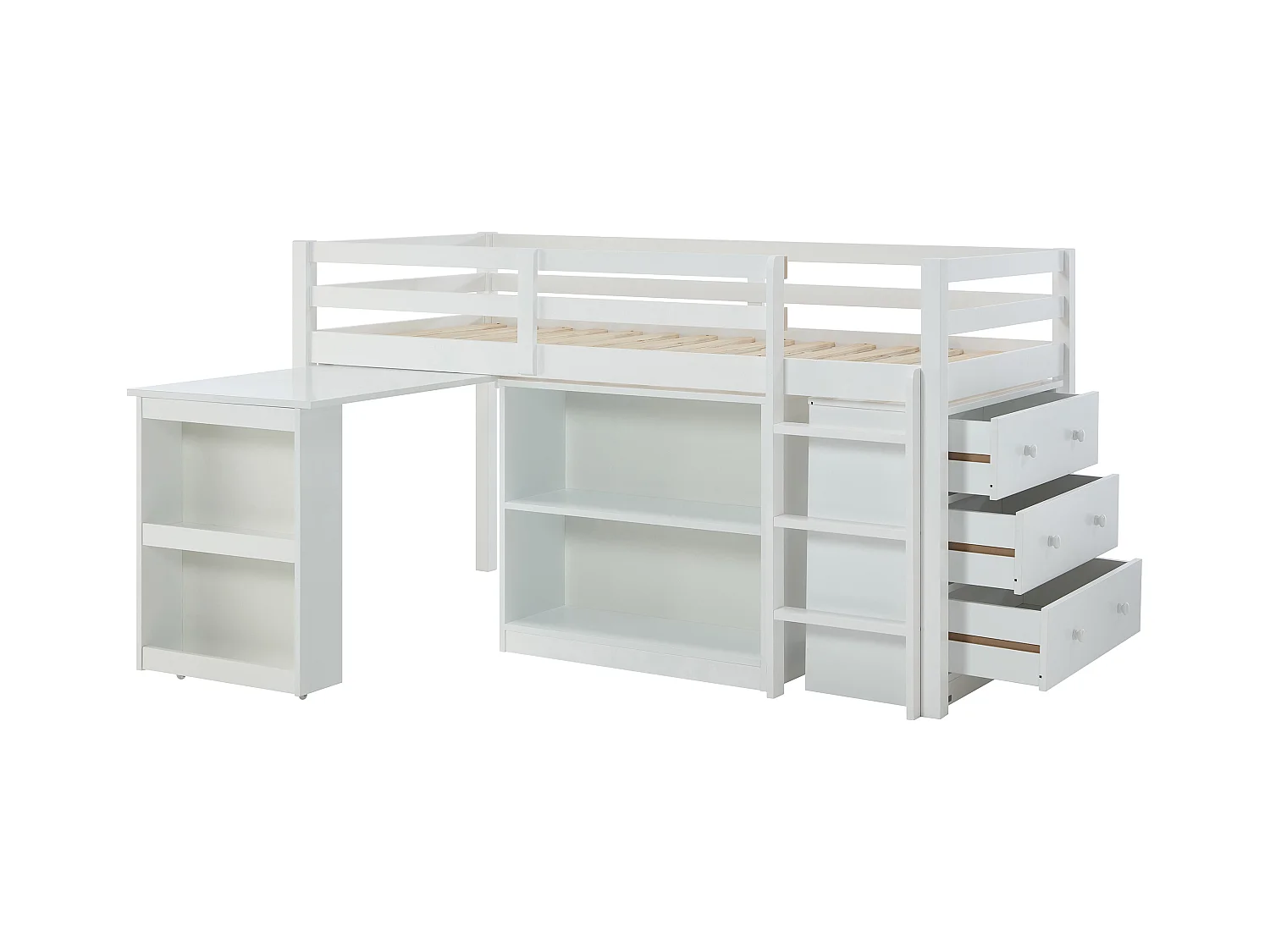 Kombinationsseng 90 x 190 cm med opbevaringsmuligheder og udtrækkelig skrivebord - Fyr og MDF - Hvid + Madras - ABRENO