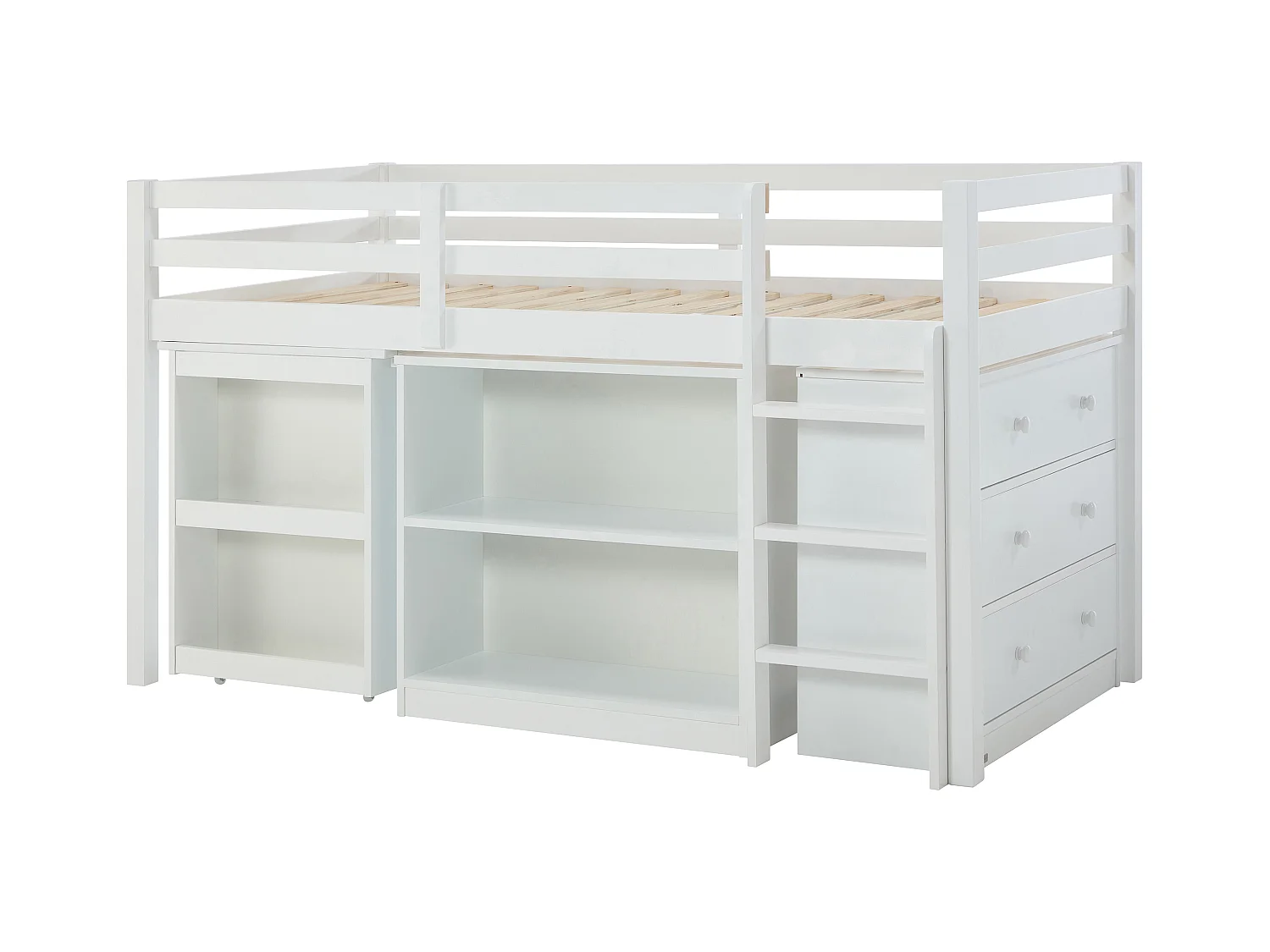 Kombinationsseng 90 x 190 cm med opbevaringsmuligheder og udtrækkelig skrivebord - Fyr og MDF - Hvid + Madras - ABRENO