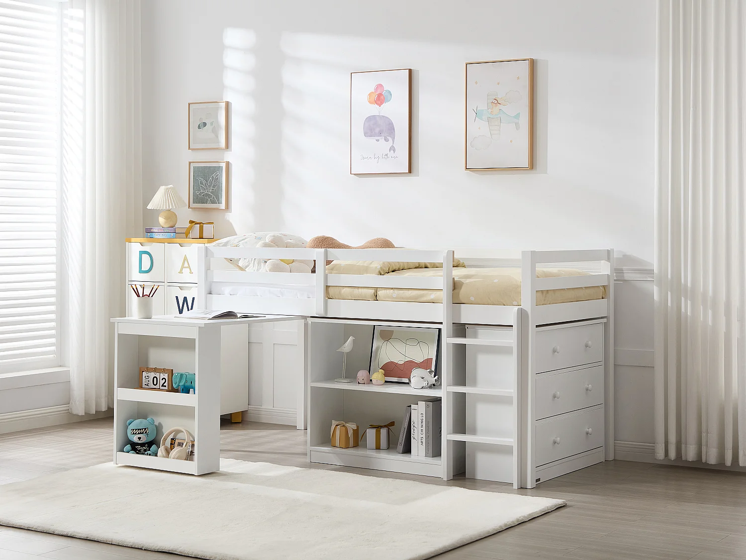 Lit combiné 90 x 190 cm avec rangements et bureau extensible - Pin et MDF - Blanc + Matelas - ABRENO