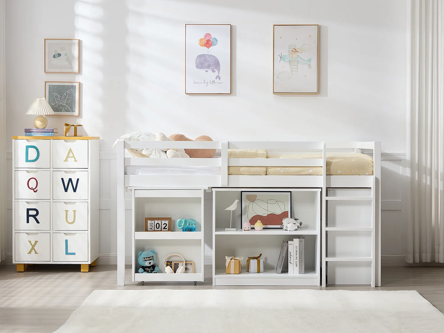Lit combiné 90 x 190 cm avec rangements et bureau extensible - Pin et MDF - Blanc + Matelas - ABRENO
