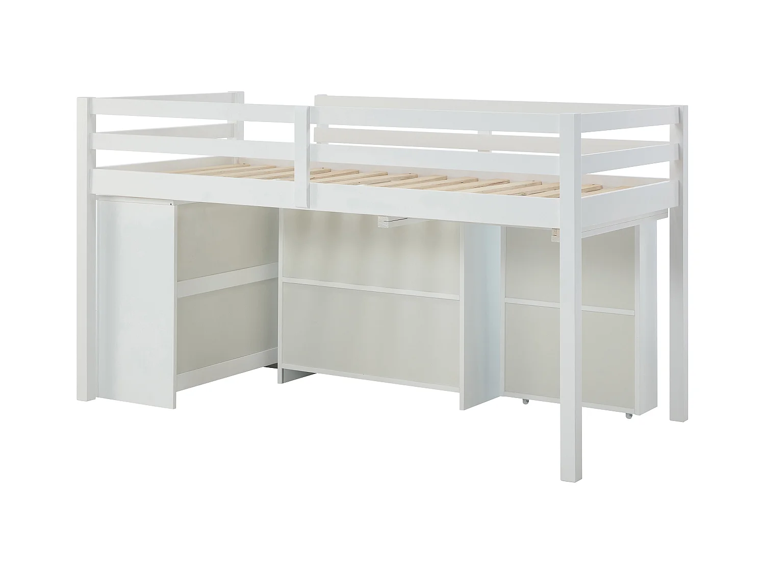 Kombinationsseng 90 x 190 cm med opbevaringsmuligheder og udtrækkelig skrivebord - Fyr og MDF - Hvid + Madras - ABRENO