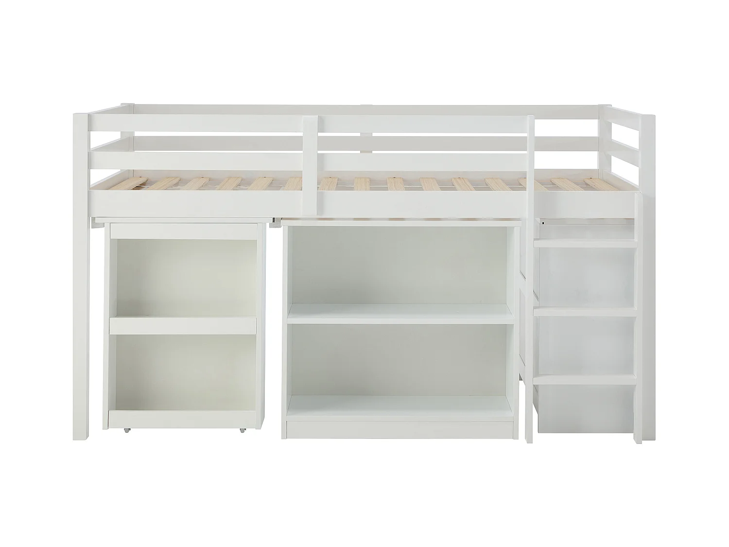 Kombinationsseng 90 x 190 cm med opbevaringsmuligheder og udtrækkelig skrivebord - Fyr og MDF - Hvid + Madras - ABRENO