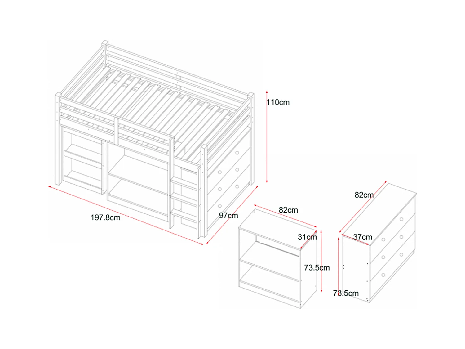 Kombinationsseng 90 x 190 cm med opbevaringsmuligheder og udtrækkelig skrivebord - Fyr og MDF - Hvid + Madras - ABRENO