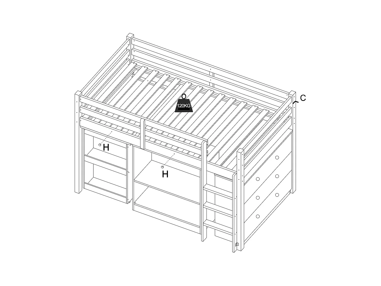 Kombinationsseng 90 x 190 cm med opbevaringsmuligheder og udtrækkelig skrivebord - Fyr og MDF - Hvid + Madras - ABRENO