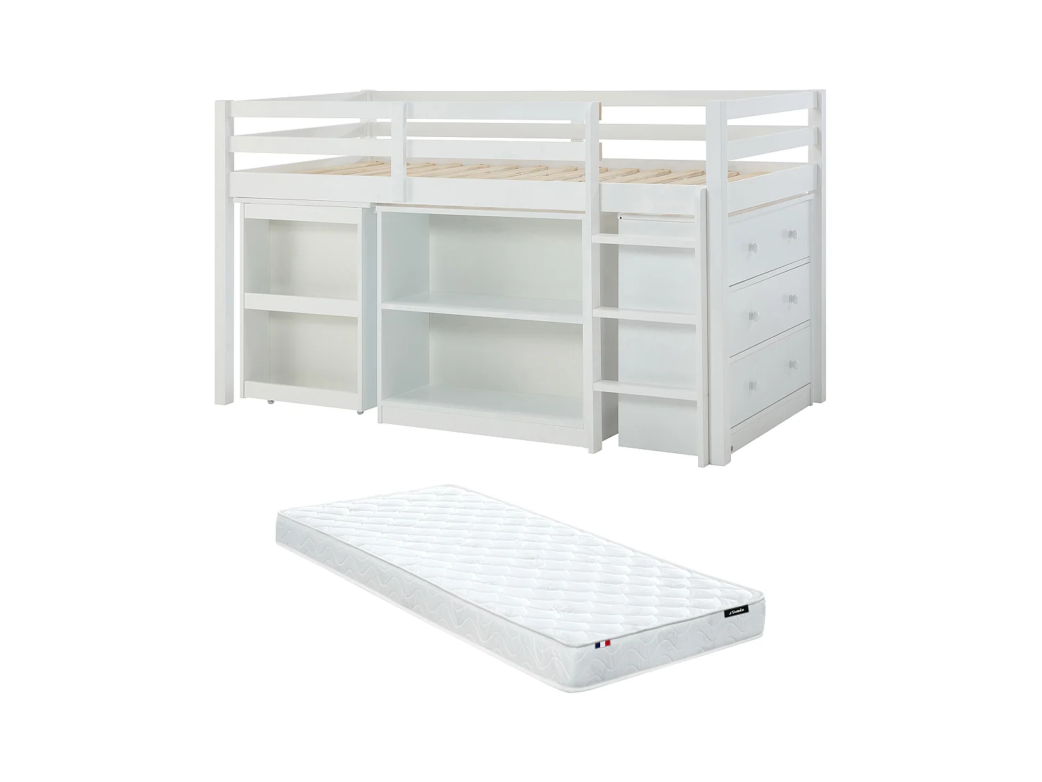 Kombinationsseng 90 x 190 cm med opbevaringsmuligheder og udtrækkelig skrivebord - Fyr og MDF - Hvid + Madras - ABRENO