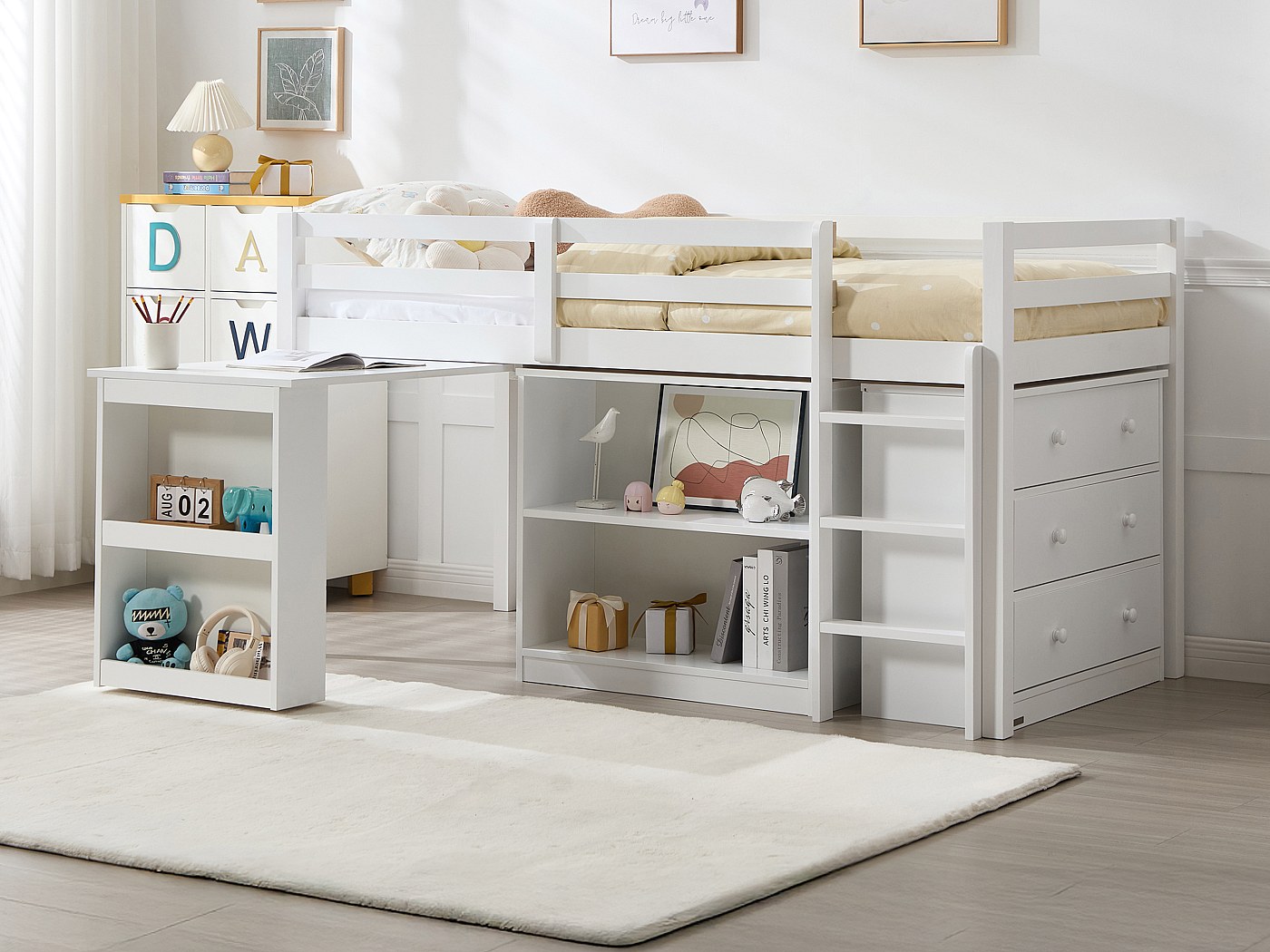 Lit combiné 90 x 190 cm avec rangements et bureau en pin et MDF blanc ...