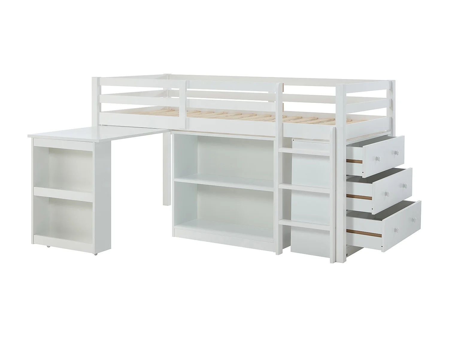 Lit combiné 90 x 190 cm avec rangements et bureau extensible - Pin et MDF - Blanc + Matelas - ABRENO