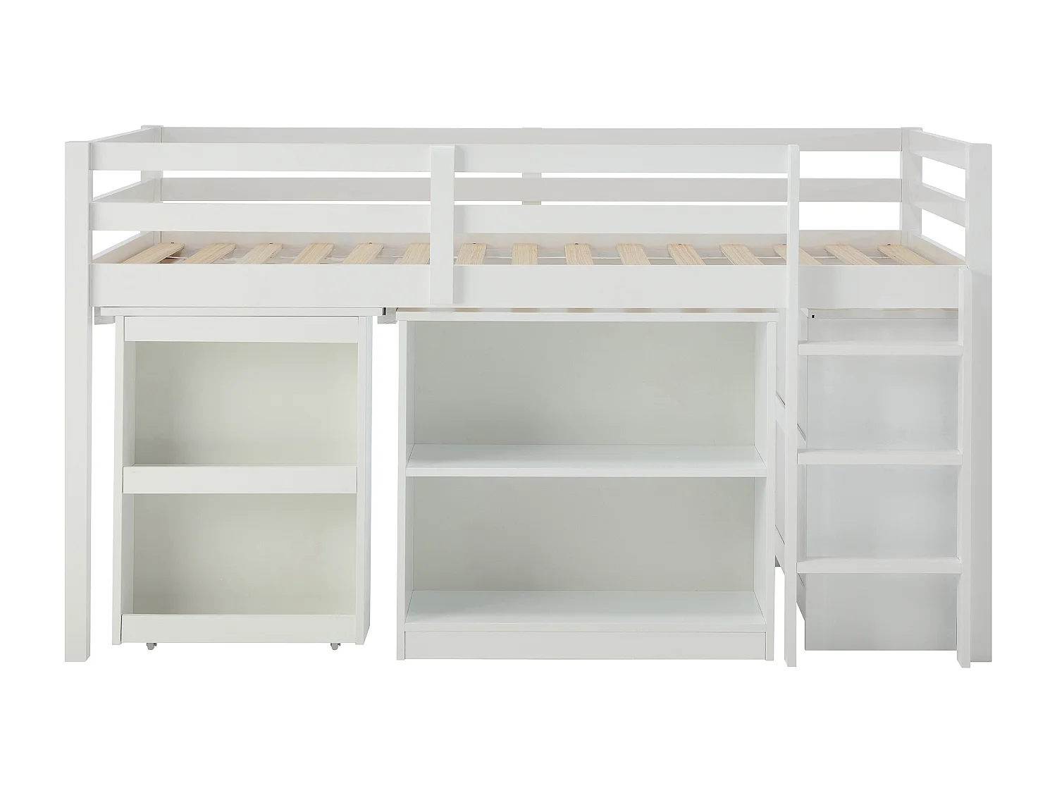 Lit combiné 90 x 190 cm avec rangements et bureau extensible - Pin et MDF - Blanc + Matelas - ABRENO