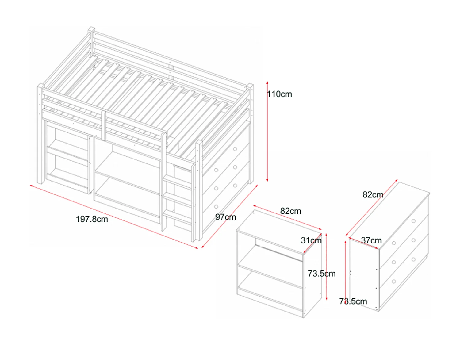 Lit combiné 90 x 190 cm avec rangements et bureau extensible - Pin et MDF - Blanc + Matelas - ABRENO