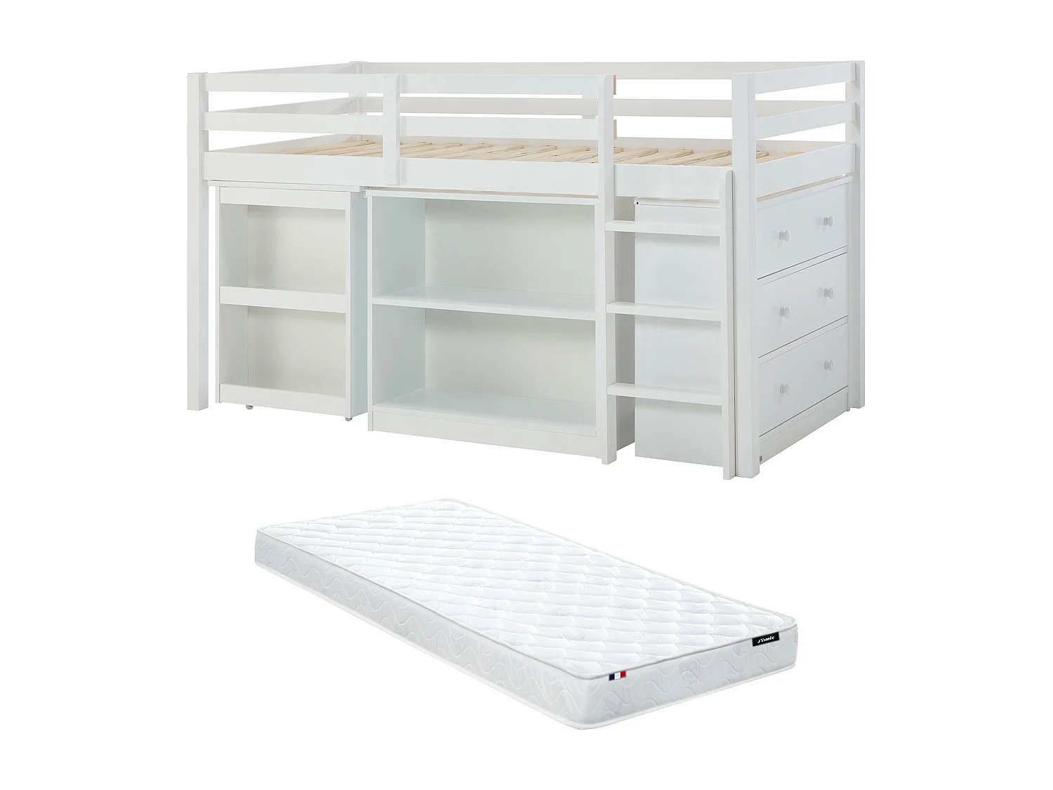 Lit combiné 90 x 190 cm avec rangements et bureau extensible - Pin et MDF - Blanc + Matelas - ABRENO