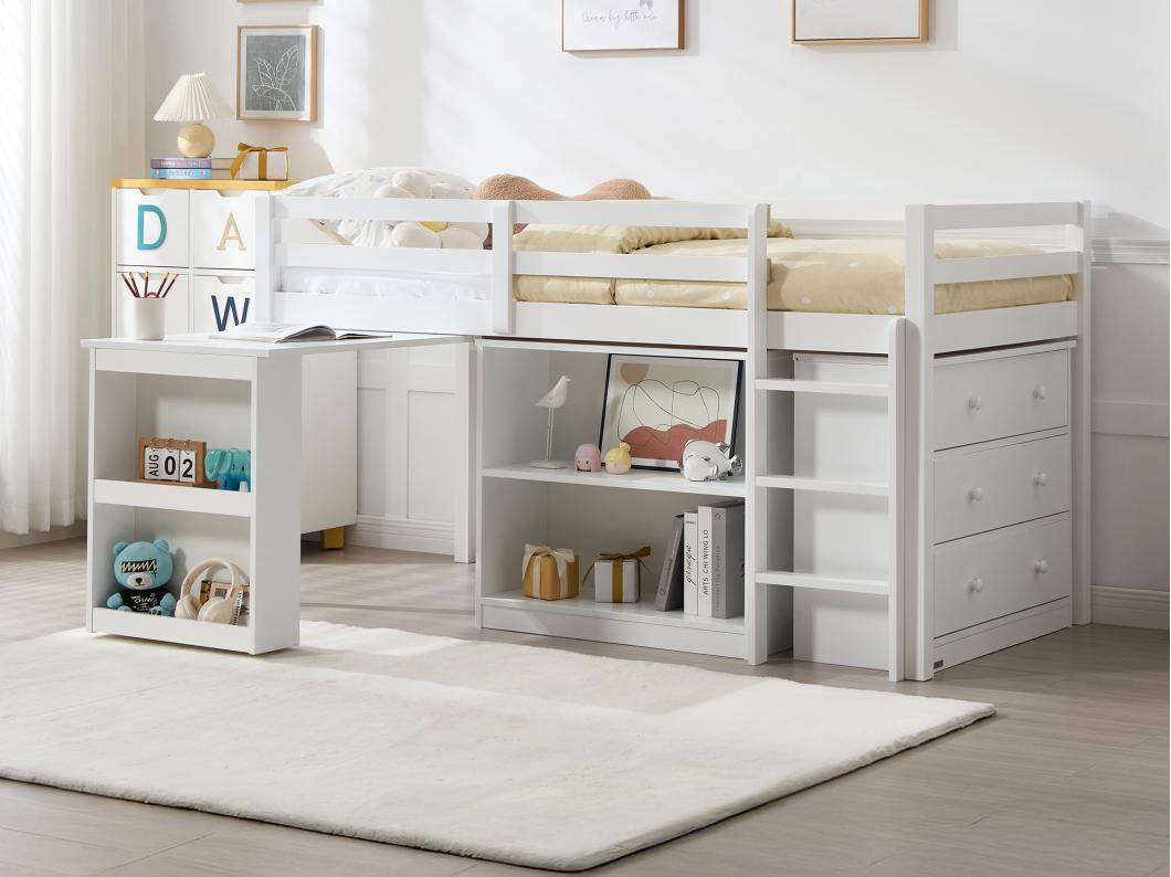 Hoogslaper 90 x 190 cm met opbergruimte en uitschuifbaar bureau - Grenen en mdf - Wit + matras - ABRENO