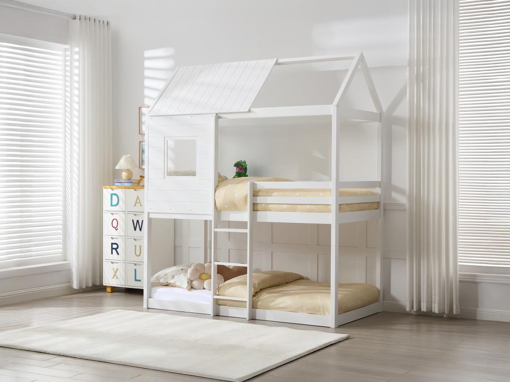 Etagenbett in Hausoptik + Matratze - 2 x 90 x 190 cm - Kiefer & MDF - Weiß günstig online kaufen