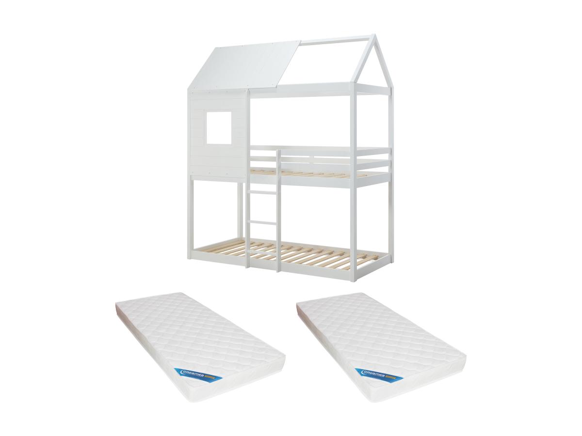 Etagenbett in Hausoptik + Matratze - 2 x 90 x 190 cm - Kiefer & MDF - Weiß günstig online kaufen
