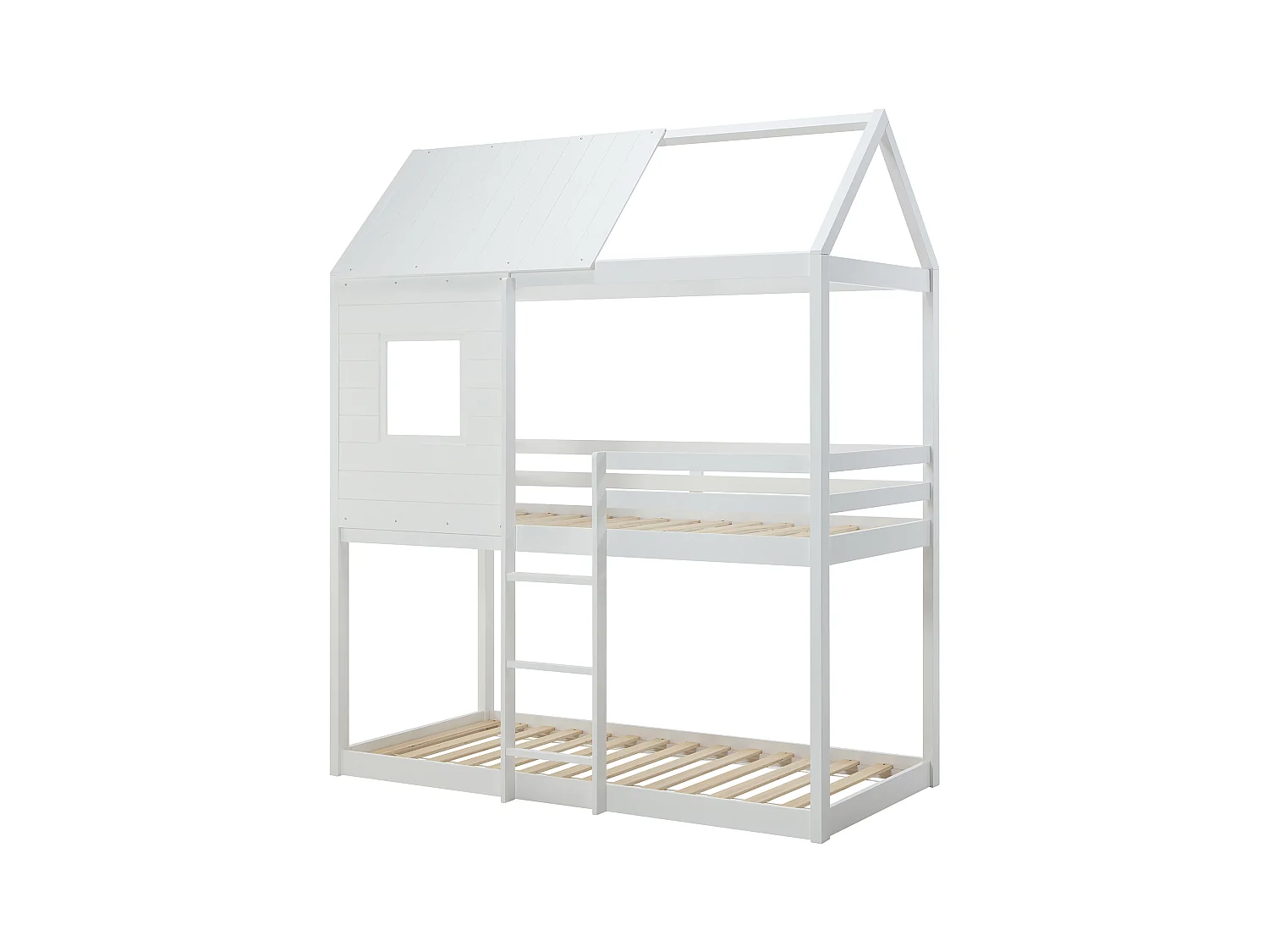 Lits superposés cabane 2 x 90 x 190 cm - Pin et MDF - Blanc + Matelas - LIDOVARA