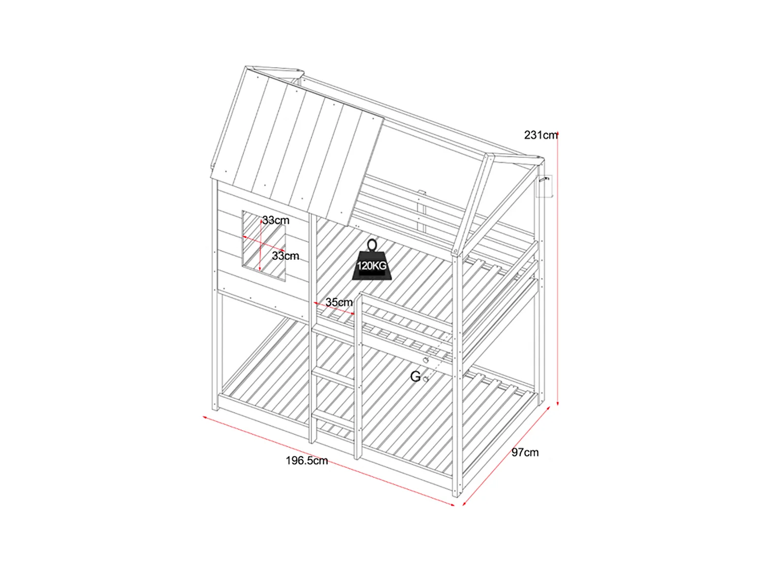 Lits superposés cabane 2 x 90 x 190 cm - Pin et MDF - Blanc + Matelas - LIDOVARA