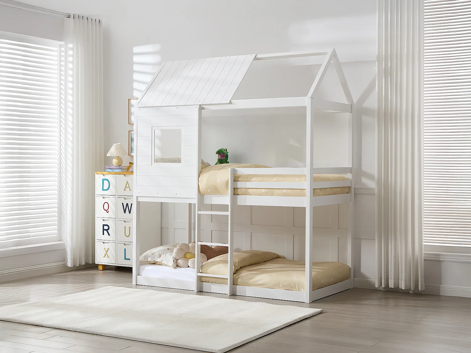 Lits superposés cabane 2 x 90 x 190 cm - Pin et MDF - Blanc + Matelas - LIDOVARA