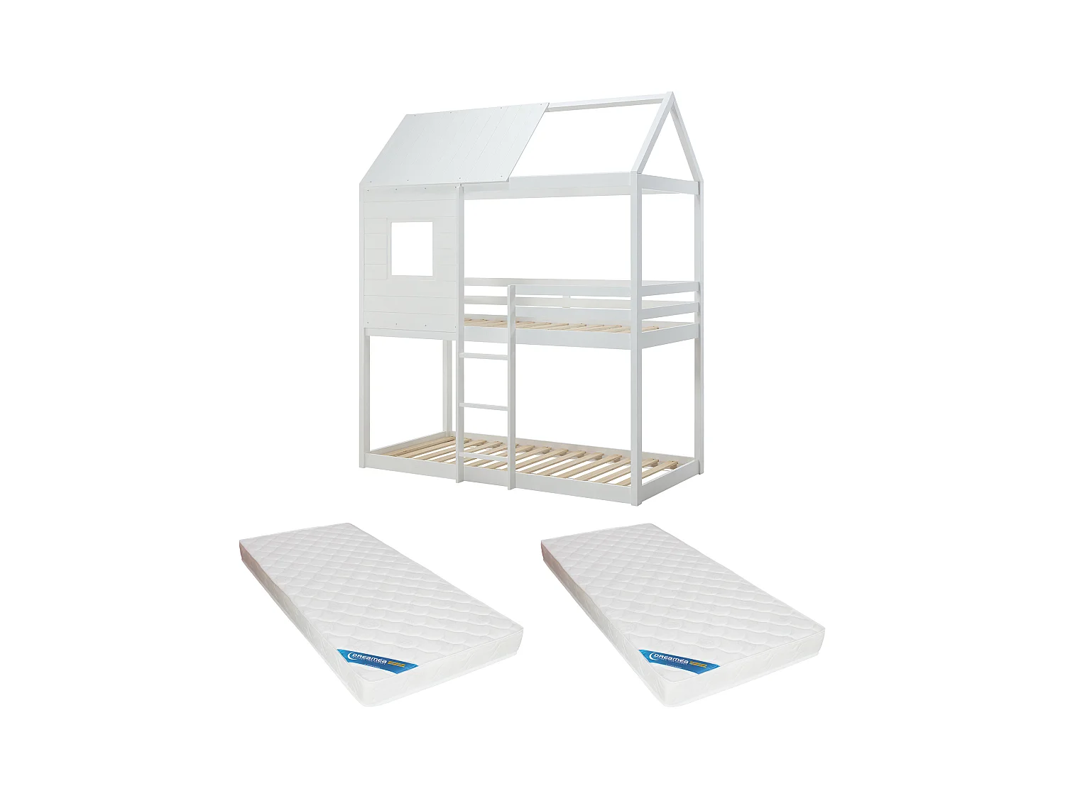 Lits superposés cabane 2 x 90 x 190 cm - Pin et MDF - Blanc + Matelas - LIDOVARA