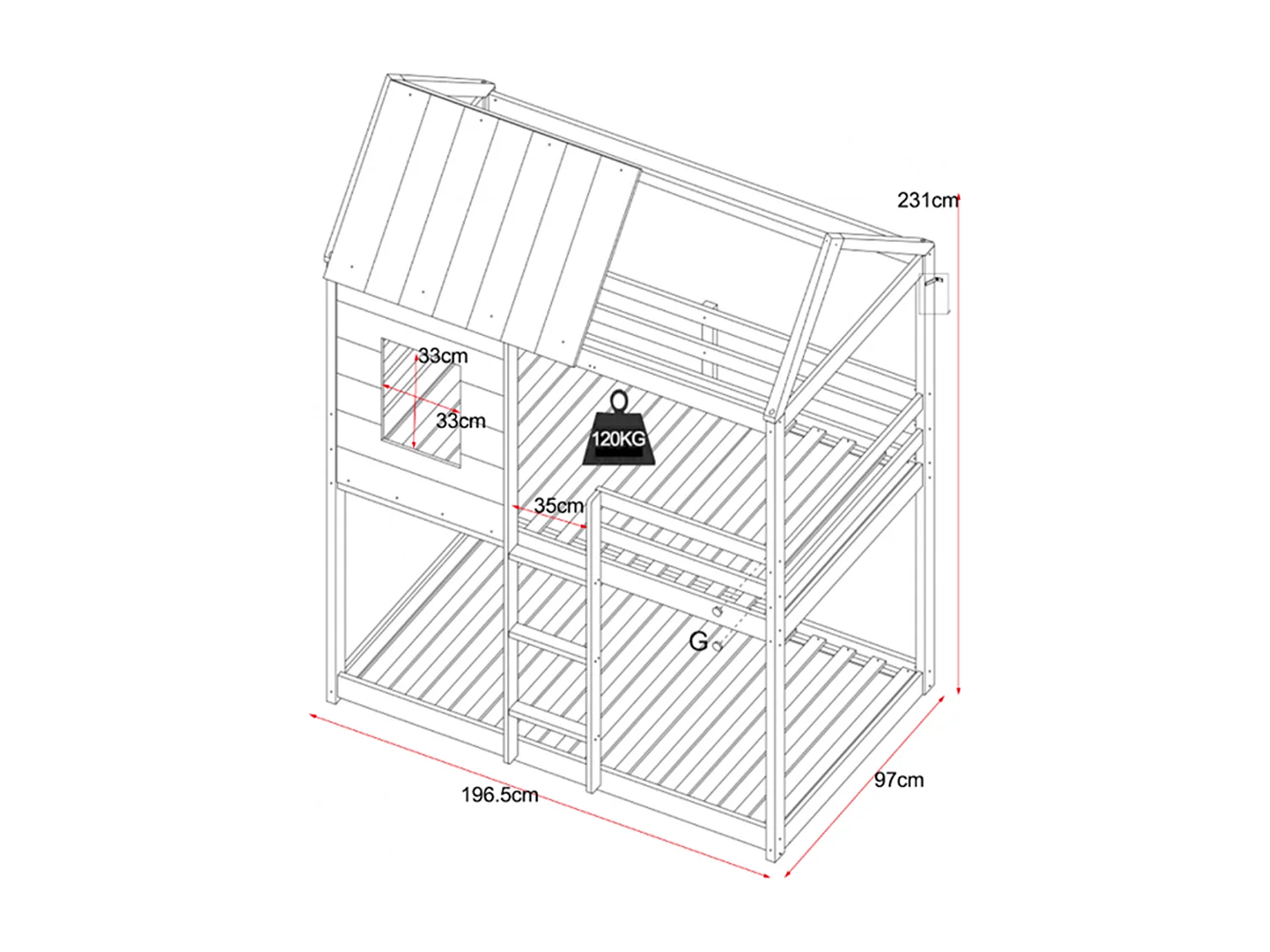 Lits superposés cabane 2 x 90 x 190 cm - Pin et MDF - Blanc + Matelas - LIDOVARA