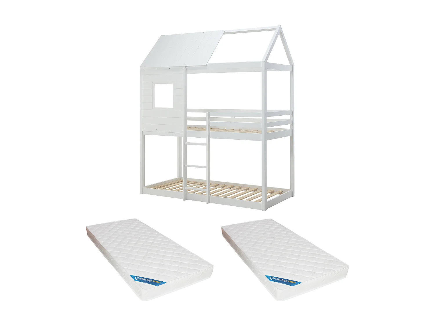Lits superposés cabane 2 x 90 x 190 cm - Pin et MDF - Blanc + Matelas - LIDOVARA