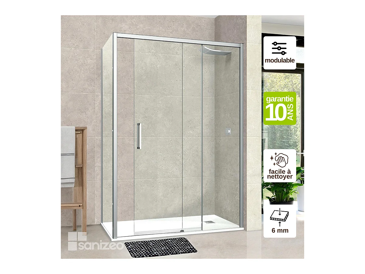 Pare douche porte coulissante et paroi latérale GAUCHE, L.156/160*l.80*H195 cm, verre 6mm SÉCURIT Easy Clean Chrome SUPERBAN Vézannes 2PL