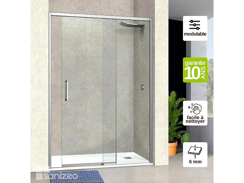 Pare douche porte coulissante GAUCHE en verre ép 6mm L96/100*H195 cm, profilé chrome, SUPERBAN Vézannes 2P