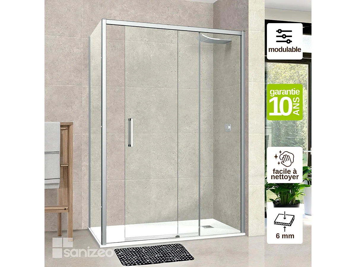 Pare douche porte coulissante et paroi latérale GAUCHE, L.136/140*l.80*H195 cm, verre 6mm SÉCURIT Easy Clean Chrome SUPERBAN Vézannes 2PL
